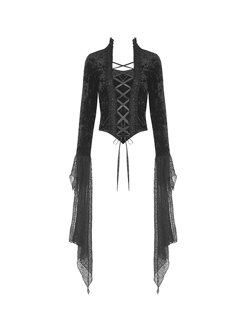 Gothic Style Luxury Velvet Gorgeous Sexy Multi Layered Cobweb Lace Exquisite Straps Black Long Sleeves Top