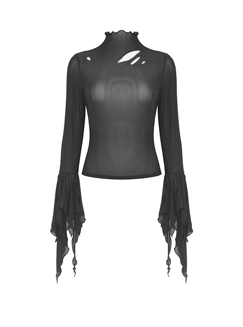 Punk Style Lace Stand Collar Rebellious Hole Sexy Slightly See Through Black Mesh Retro Long Sleeves Top