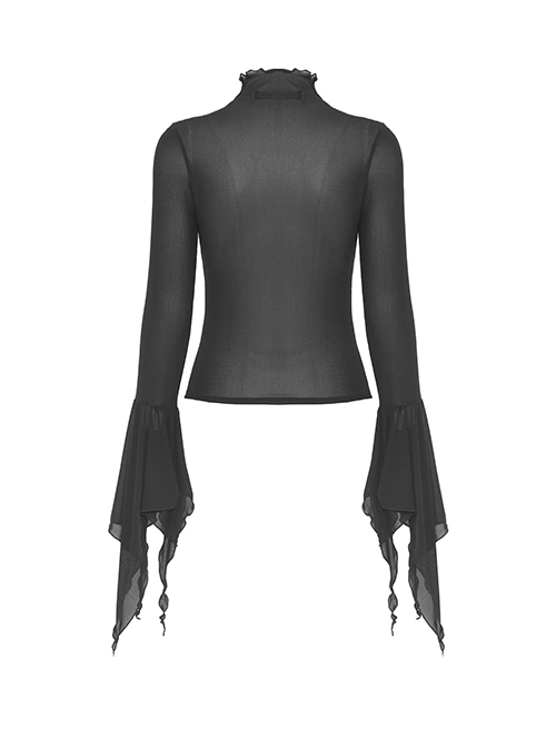 Punk Style Lace Stand Collar Rebellious Hole Sexy Slightly See Through Black Mesh Retro Long Sleeves Top