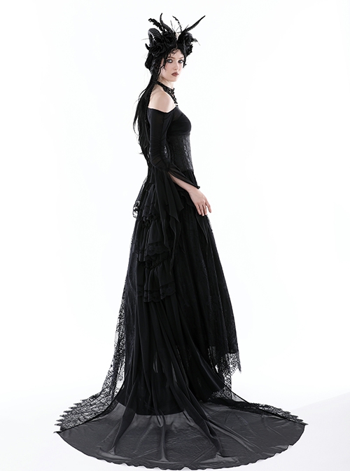 Gothic Style Black Sexy Mesh One Shoulder Exquisitely Pleated Black Slightly See Through Long Sleeves Top