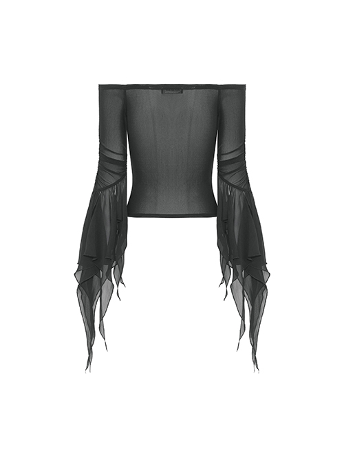 Gothic Style Black Sexy Mesh One Shoulder Exquisitely Pleated Black Slightly See Through Long Sleeves Top