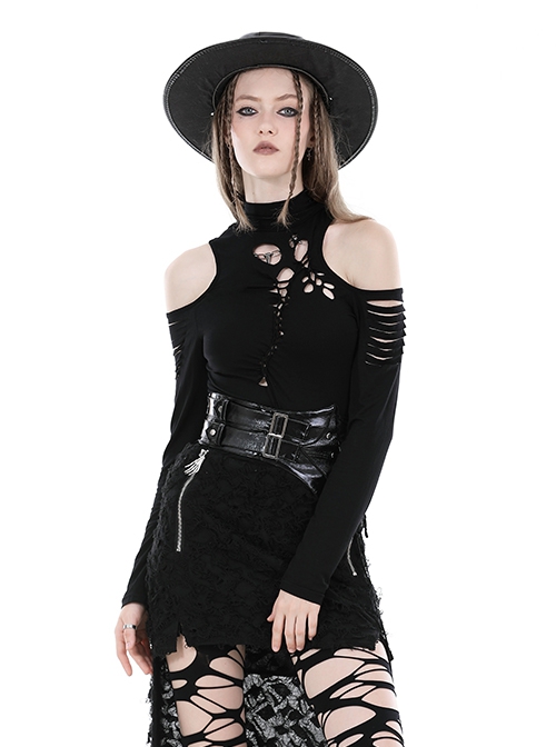 Punk Style Stand Collar Sexy Rebellious Irregular Hollow Off Shoulder Black Long Sleeves Slim Top