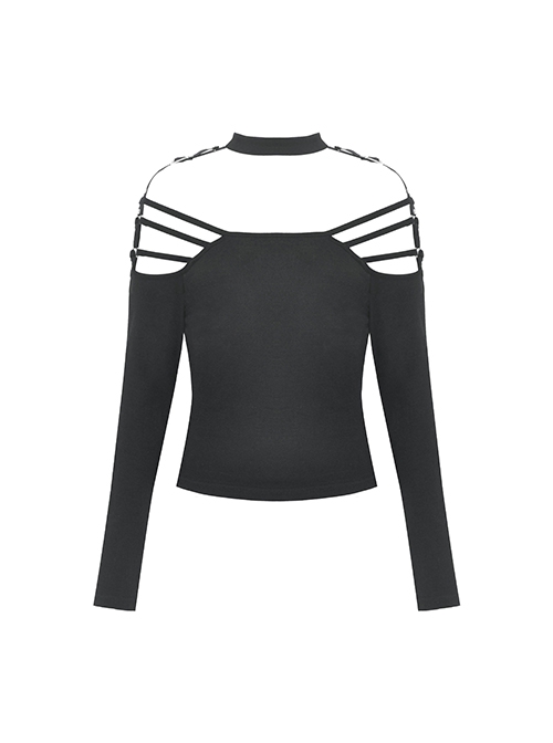 Punk Style Personalized Metal Buckle Strap Sexy Hollow One Shoulder Black Halterneck Long Sleeves Top