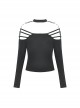 Punk Style Personalized Metal Buckle Strap Sexy Hollow One Shoulder Black Halterneck Long Sleeves Top