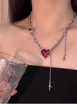 Stylish Light Luxurious Red Heart Shape Imitation Gemstone Titanium Steel Alloy Tassel Chain Punk Gothic Style Necklace