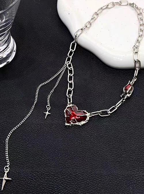 Stylish Light Luxurious Red Heart Shape Imitation Gemstone Titanium Steel Alloy Tassel Chain Punk Gothic Style Necklace