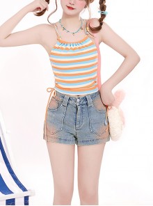 Jackfruit Pie Series Cool Summer Blue Orange Stripe Bowknot Hanging Neck Slim Kawaii Fashion Small Camisole Vest