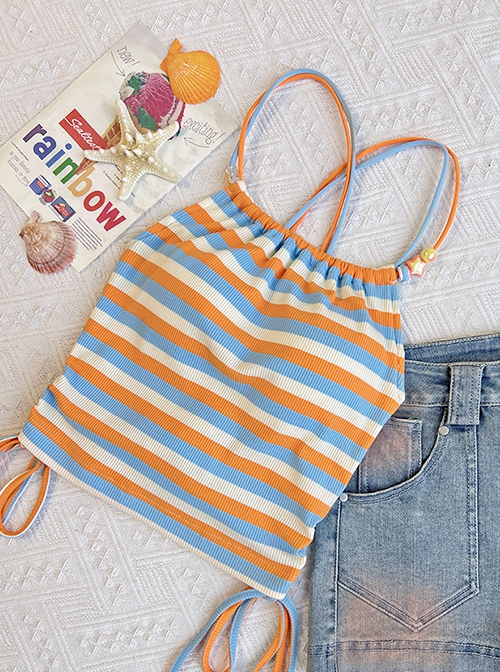 Jackfruit Pie Series Cool Summer Blue Orange Stripe Bowknot Hanging Neck Slim Kawaii Fashion Small Camisole Vest