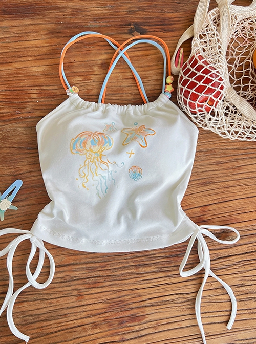 Marine Style Jellyfish Starfish Print Cool Summer  Bowknot Hanging Neck Slim Kawaii Fashion White Small Camisole Vest
