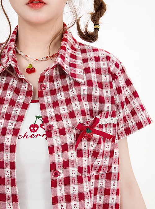 Cherry Magic Potion Series Sweet Cool Summer Retro Red White Plaid Kawaii Fashion Lapel Short Sleeve Shirt