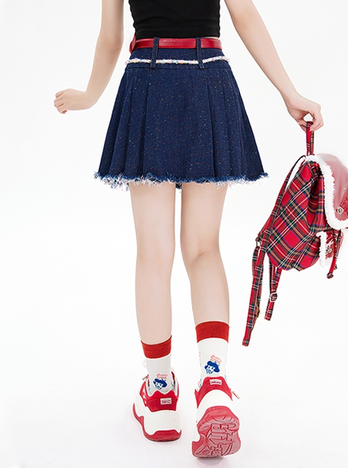 Cherry Magic Potion Series Sweet Cool Summer Retro Twine Bowknot Kawaii Fashion Belt Dark Blue Denim Skirt