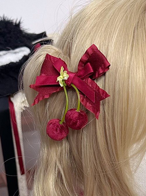 Retro Doll Sense Little Flower Red Satin Ribbon Bowknot Plush Simulated Cherry Sweet Lolita Hairpin