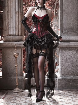 Duchess Series Black Red Gothic Rococo Lolita Velvet Fishbone Girdle Beaded Velvet Halter Top Lace Mesh Yarn Trailing Skirt Set