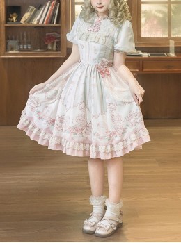 Rose Garden Series Cute Teacup Embroidery Pink Tea Party Print Lace Sweet Lolita Small Round Neck Puff Sleeve Dress Apron Set