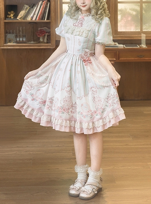 Rose Garden Series Cute Teacup Embroidery Pink Tea Party Print Lace Sweet Lolita Small Round Neck Puff Sleeve Dress Apron Set