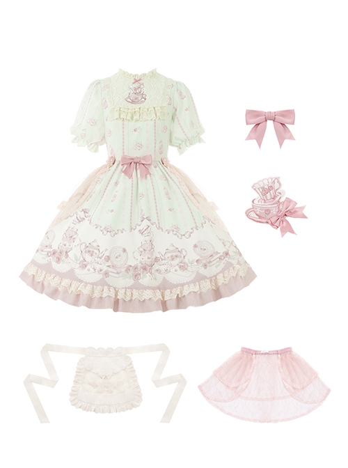 Rose Garden Series Cute Teacup Embroidery Pink Tea Party Print Lace Sweet Lolita Small Round Neck Puff Sleeve Dress Apron Set