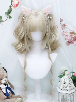 Natural Flat Bangs Cute Tiger Mouth Clip Double Ponytail Twist Braids Curly Hair Sweet Lolita Wig