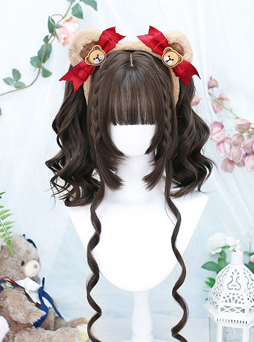 Natural Flat Bangs Cute Tiger Mouth Clip Double Ponytail Twist Braids Curly Hair Sweet Lolita Wig