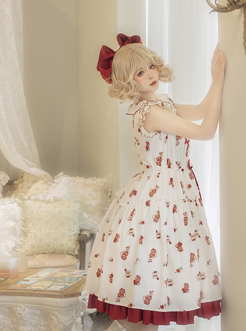 Rose Garden Series Small Flying Sleeves Ruffled Round Neck Red Tea Party Plate Print Berry Sweet Classic Lolita Dress