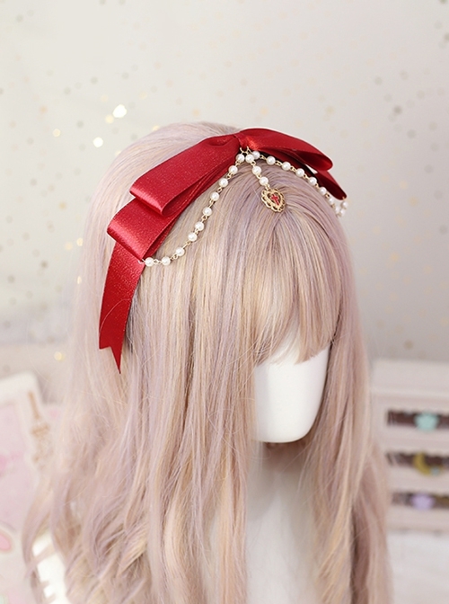 Symmetrical Sweet Lolita Strawberry Red Ribbon Bowknot Pearl Chain Heart Cross Pendant Hairband
