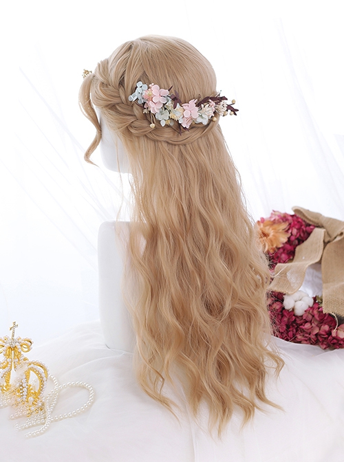 Elegant Sweet Princess Style Soft Girl Mid Split Rippled Sideburns Long Curly Hair Classic Lolita Full Head Wig