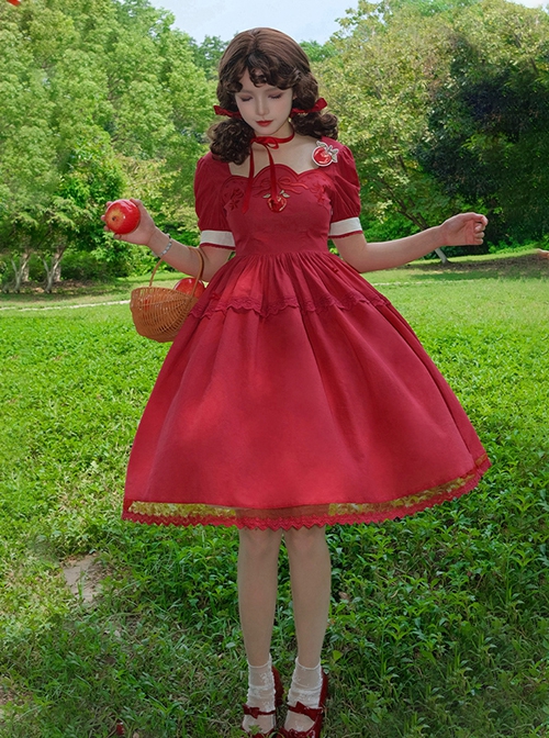 Pastoral Scenery Red Apple Bowknot Embroidered Classic Lolita Cotton Square Collar Lace Puff Sleeve Summer Dress