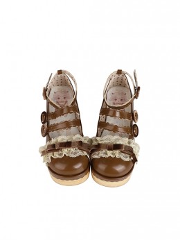 Tiramisu Series Cute Bowknot Buttons Lace Shoelaces Sweet Lolita Round Toe Retro Wood Grain Thick Bottom Muffin Shoes