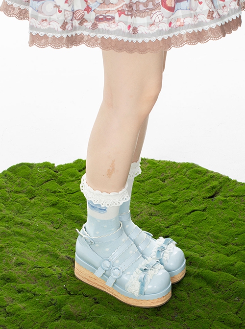 Tiramisu Series Cute Bowknot Buttons Lace Shoelaces Sweet Lolita Round Toe Retro Wood Grain Thick Bottom Muffin Shoes