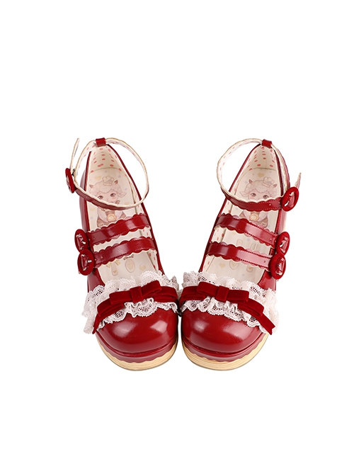 Tiramisu Series Cute Bowknot Buttons Lace Shoelaces Sweet Lolita Round Toe Retro Wood Grain Thick Bottom Muffin Shoes