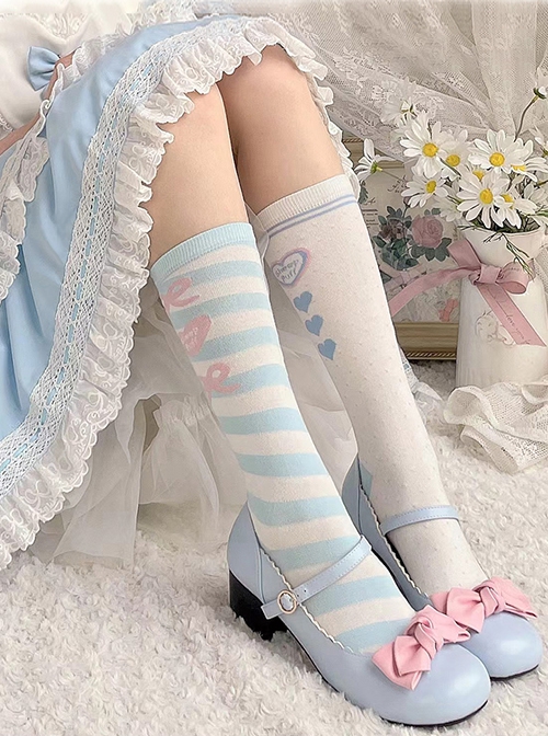 Two Color Asymmetrical Stripe Polka Dots Bear Bowknot Heart Shape Print Sweet Lolita Calf Socks