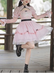 Changan Ballad Series Chinese Style Button Sweet Lolita Lace Embroidery Stand Collar Cheongsam Puff Sleeve Dress