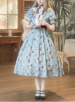 Rose Garden Series Blue Tea Party Rose Print Square Collar Spliced Contrast Color Lace Classic Lolita Puff Sleeves Dress