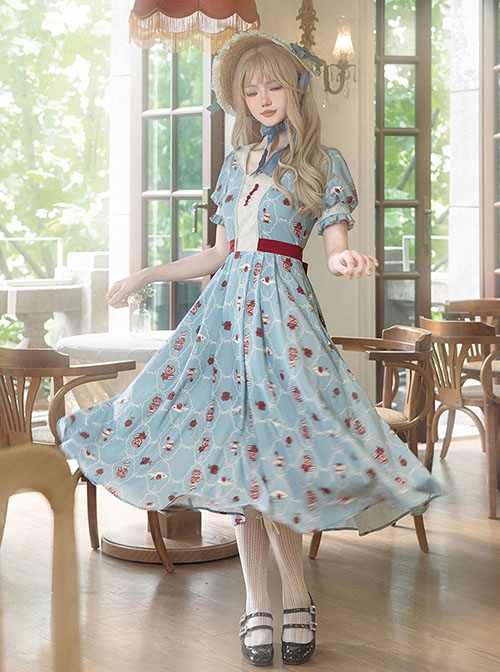 Rose Garden Series Blue Tea Party Rose Print Square Collar Spliced Contrast Color Lace Classic Lolita Puff Sleeves Dress