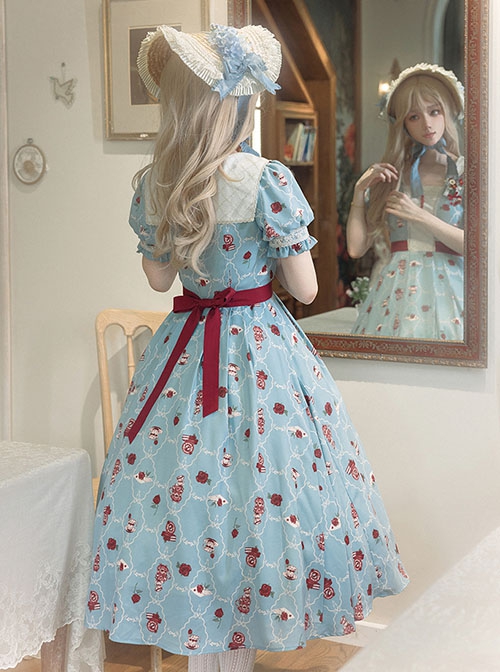 Rose Garden Series Blue Tea Party Rose Print Square Collar Spliced Contrast Color Lace Classic Lolita Puff Sleeves Dress