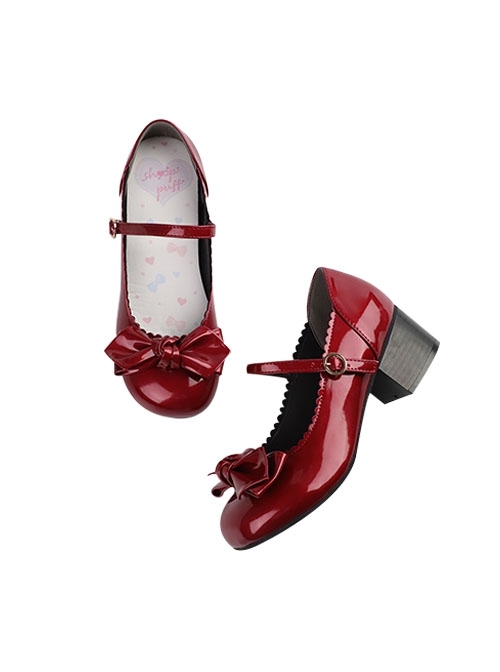 A Little Round Series Daily Versatile Cute Round Toe Red Patent Leather Mid Heel Bowknot Sweet Lolita Shoes