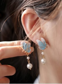 Imitation Burnt Blue Porcelain Chinese Style Butterfly Pearls Pendant Cheongsam Classic Lolita Stud Earrings