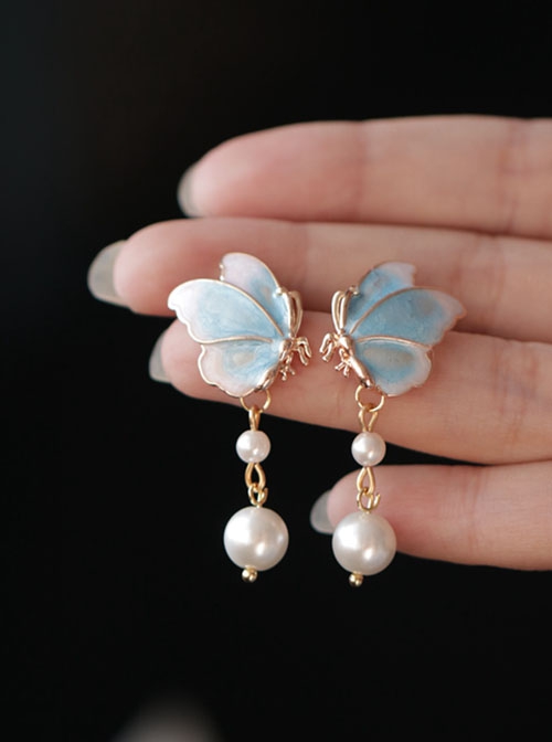 Imitation Burnt Blue Porcelain Chinese Style Butterfly Pearls Pendant Cheongsam Classic Lolita Stud Earrings