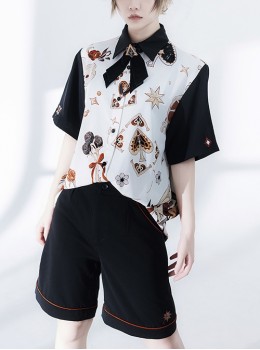 Flower drunk beauty series Ouji Fashion Vintage Printed heavy embroidery loose Contrast color short sleeves Shirt