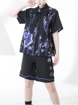 Prince Style Black Ouji Fashion European Retro Purple Rose Striped Frame Loose Short Sleeve Printed Shirt