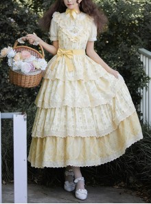 Sunny Flower Series Bright Yellow Summer Classic Lolita Pastoral Style Embroidery Print Four Sections Large Hem Dress