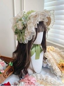Floral Language Series Pastoral Style Classic Lolita Gorgeous Exquisite Floral Lace Satin Bowknot Straw Flat Hat