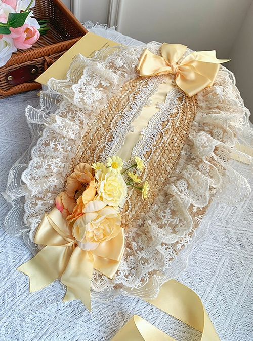 Floral Language Series Pastoral Style Classic Lolita Gorgeous Exquisite Floral Lace Satin Bowknot Straw Flat Hat