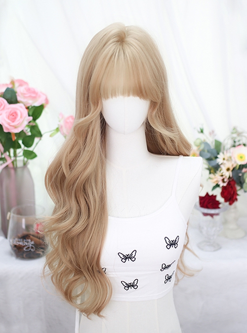 Love God Series Elegant Linen Light Golden Flat Bangs Fluffy Long Curly Hair Classic Lolita Full Head Wig