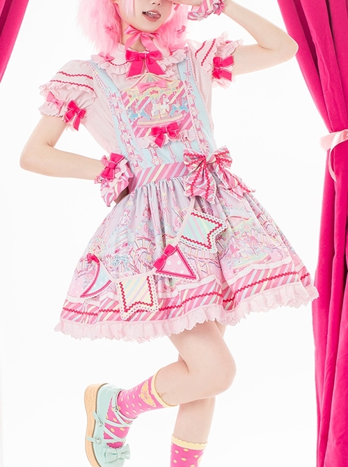 Candy Amusement Park Series Cute Colorful Striped Carousel Print Lace Ruffle Bowknot Sweet Lolita Sleeveless Dress