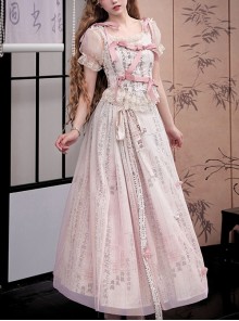 Chinese Style Fairy Calligraphy Print Pink Peach Blossom Ballet Ribbon Camisole Puff Sleeves Long Skirt Kawaii Fashion Set