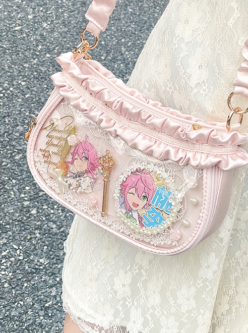 Satin Sweet Glossy Ruffles Small Capacity Anime Badge Display Transparent Layer Itabag Kawaii Fashion Armpit Bag