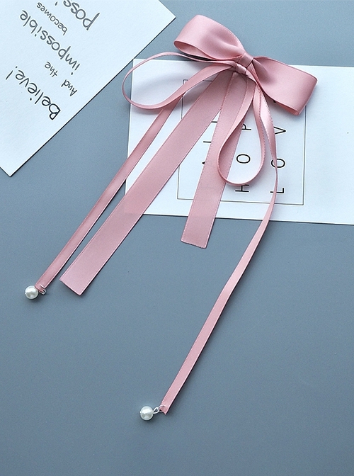Japanese Style Gentle Sweet Double Layer Satin Ribbon Bowknot Pearl Pendant Tassel Kawaii Fashion Accessory Hair Clip