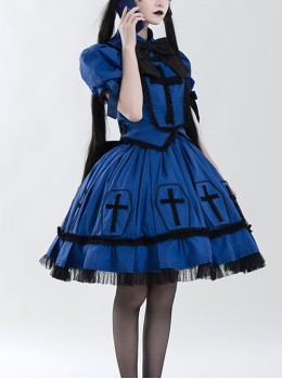 Gothic Lolita Halloween Witch Cross Coffin Lapel Doll Collar Cute Lace Ruffle Puff Sleeve Shirt Long Skirt Set