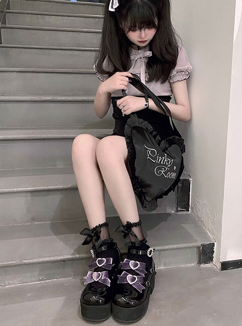 Sweetheart Japanese Style Black Landmine Y2K Purple Velvet Ribbon Sweet Cool Lolita Round Toe Thick Bottom Muffin Shoes