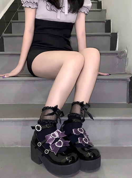 Sweetheart Japanese Style Black Landmine Y2K Purple Velvet Ribbon Sweet Cool Lolita Round Toe Thick Bottom Muffin Shoes